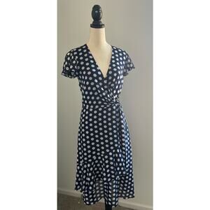 MICHAEL KORS Navy Blue White Polka Dot Wrap Style Ruffled Hem Flowy Dress Sz S